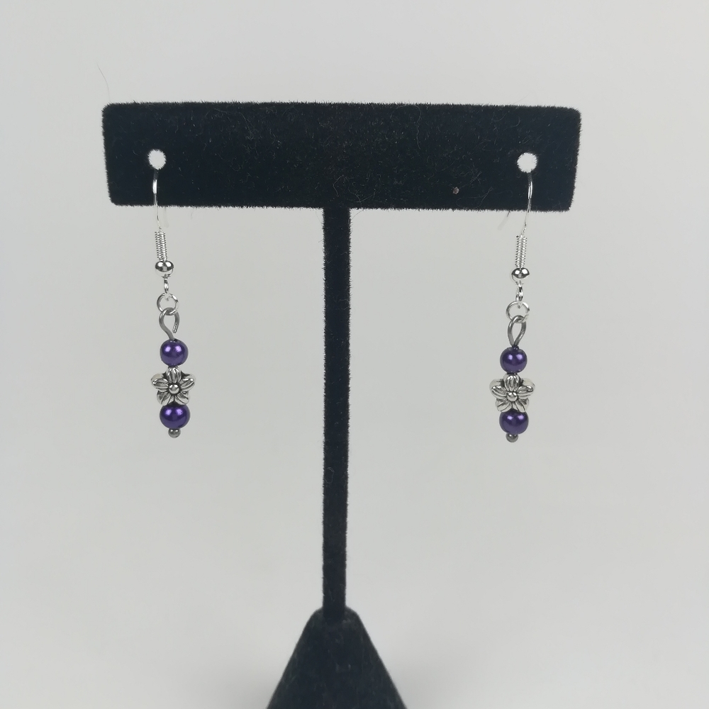 Silver flower Dangle Earrings With Purple Glass Beads
